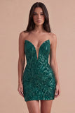 Dark Green Sparkly Sequin Strapless Bodycon Short Cocktail Dress