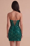 Dark Green Sparkly Sequin Strapless Bodycon Short Cocktail Dress