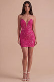 Fuchsia Sparkly Sequin Strapless Bodycon Short Cocktail Dress
