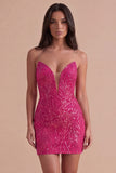 Fuchsia Sparkly Sequin Strapless Bodycon Short Cocktail Dress