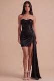 Sparkly Black Sequin Corset Sweetheart Bodycon Short Cocktail Dress with Slit