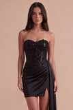 Sparkly Black Sequin Corset Sweetheart Bodycon Short Cocktail Dress with Slit