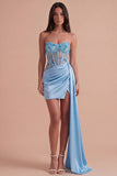 Sparkly Light Blue Sequin Corset Strapless Bodycon Short Cocktail Dress with Slit