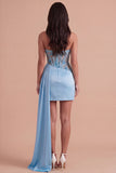 Sparkly Light Blue Sequin Corset Strapless Bodycon Short Cocktail Dress with Slit