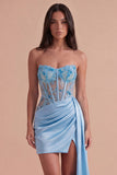 Sparkly Light Blue Sequin Corset Strapless Bodycon Short Cocktail Dress with Slit