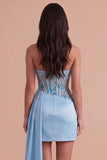 Sparkly Light Blue Sequin Corset Strapless Bodycon Short Cocktail Dress with Slit