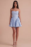 Blue Floral Strapless A Line Short Cocktail Dress with Bow