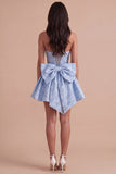Blue Floral Strapless A Line Short Cocktail Dress with Bow