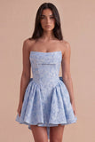 Blue Floral Strapless A Line Short Cocktail Dress with Bow