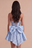 Blue Floral Strapless A Line Short Cocktail Dress with Bow