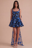 Blue and Black Floral Square Neck A Line Short Cocktail Dress with Bow