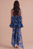 Blue and Black Floral Square Neck A Line Short Cocktail Dress with Bow