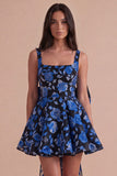 Blue and Black Floral Square Neck A Line Short Cocktail Dress with Bow