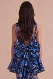 Blue and Black Floral Square Neck A Line Short Cocktail Dress with Bow