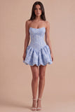 Blue Floral Corset Strapless A Line Short Cocktail Dress