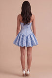 Blue Floral Corset Strapless A Line Short Cocktail Dress