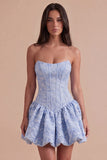Blue Floral Corset Strapless A Line Short Cocktail Dress