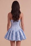 Blue Floral Corset Strapless A Line Short Cocktail Dress
