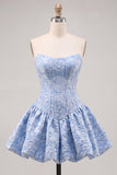 Blue Floral Corset Strapless A Line Short Cocktail Dress