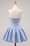 Blue Floral Corset Strapless A Line Short Cocktail Dress