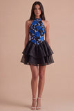 Blue and Black Floral Halter Ruffled A Line Short Cocktail Dress