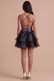 Blue and Black Floral Halter Ruffled A Line Short Cocktail Dress