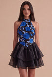 Blue and Black Floral Halter Ruffled A Line Short Cocktail Dress