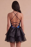 Blue and Black Floral Halter Ruffled A Line Short Cocktail Dress