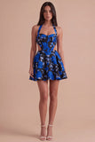 Blue and Black Floral Corset Halter A Line Short Cocktail Dress