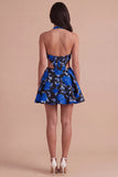 Blue and Black Floral Corset Halter A Line Short Cocktail Dress