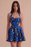 Blue and Black Floral Corset Halter A Line Short Cocktail Dress