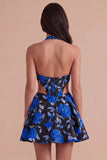 Blue and Black Floral Corset Halter A Line Short Cocktail Dress