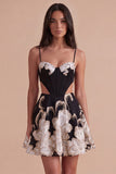 Black Floral Spaghetti Straps Corset A Line Short Cocktail Dress