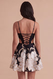 Black Floral Spaghetti Straps Corset A Line Short Cocktail Dress