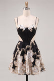 Black Floral Spaghetti Straps Corset A Line Short Cocktail Dress