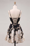 Black Floral Spaghetti Straps Corset A Line Short Cocktail Dress