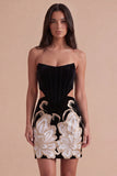 Black Floral Strapless Corset Bodycon Short Cocktail Dress
