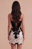 Black Floral Strapless Corset Bodycon Short Cocktail Dress