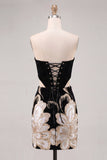 Black Floral Strapless Corset Bodycon Short Cocktail Dress