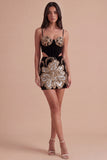 Sparkly Black Floral Sequin Spaghetti Straps Corset Bodycon Short Cocktail Dress