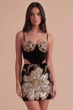 Sparkly Black Floral Sequin Spaghetti Straps Corset Bodycon Short Cocktail Dress