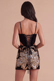 Sparkly Black Floral Sequin Spaghetti Straps Corset Bodycon Short Cocktail Dress