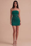 Sparkly Dark Green Floral Sequin Strapless Bodycon Short Cocktail Dress