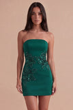 Sparkly Dark Green Floral Sequin Strapless Bodycon Short Cocktail Dress