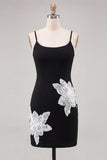 Black Floral Spaghetti Straps Bodycon Short Cocktail Dress