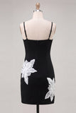 Black Floral Spaghetti Straps Bodycon Short Cocktail Dress