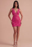 Sparkly Fuchsia Sequin V-Neck Bodycon Short Cocktail Dress