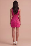 Sparkly Fuchsia Sequin V-Neck Bodycon Short Cocktail Dress