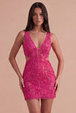Sparkly Fuchsia Sequin V-Neck Bodycon Short Cocktail Dress