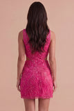 Sparkly Fuchsia Sequin V-Neck Bodycon Short Cocktail Dress